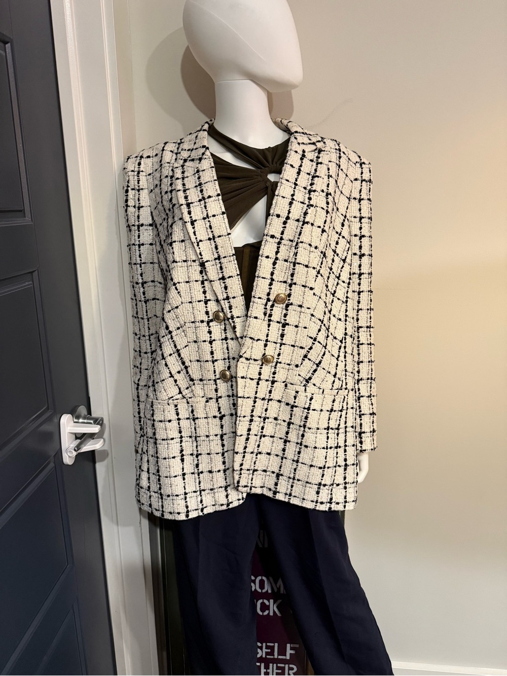 Express Women's Cream and Black Windowpane Tweed Blazer